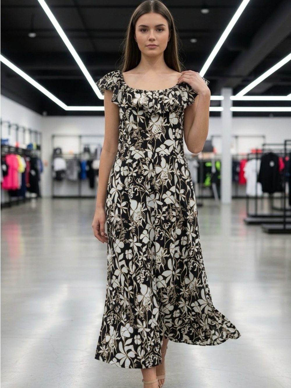 Ava & Viv Black with Gold Outline Floral Maxi Dress with 11” Slit on Bottom Side - Picture 1 of 6